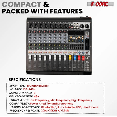 Audio Mixer 8 Channel DJ Equipment with Bluetooth USB Console Sound