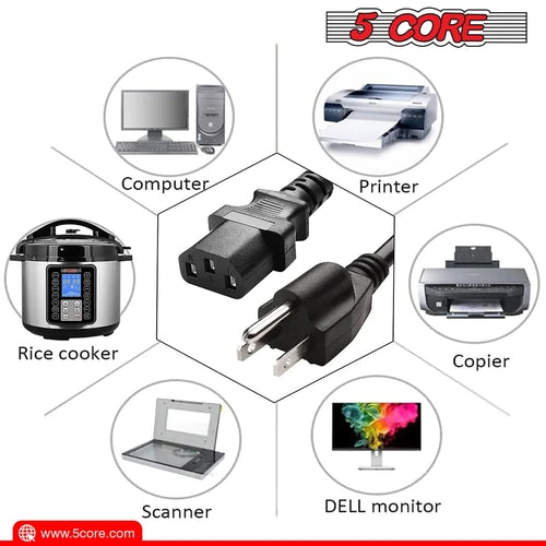 5Core AC Power Extension Cord 10Ft 3 Prong Adapter 16AWG/2C 125V 13A