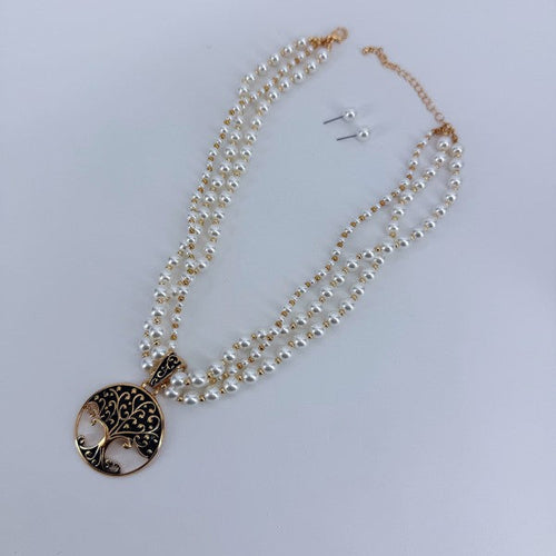 Gold Finish Multi Layer Pearl Necklace Tree of Lif