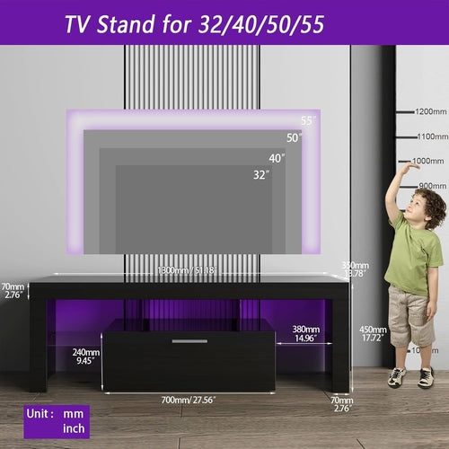 Black LED TV Stand with Large Storage Drawer for 32 40 50 55 Inch Tvs,