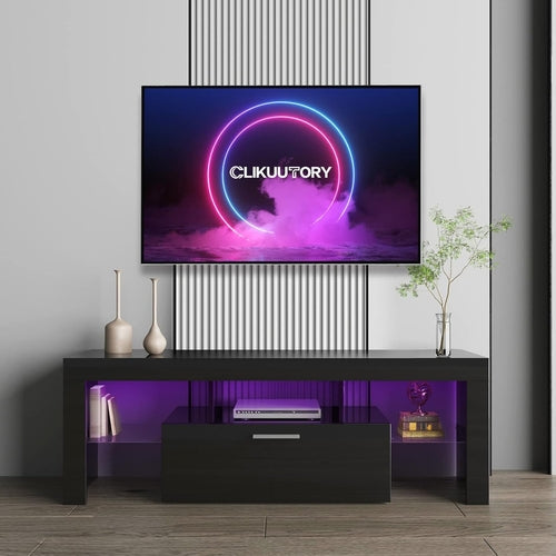 Black LED TV Stand with Large Storage Drawer for 32 40 50 55 Inch Tvs,