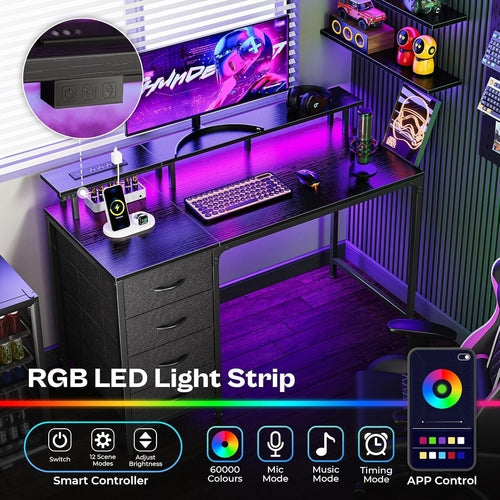 47 Inch Computer Desk with Power Outlets and LED Lights, Gaming Desk