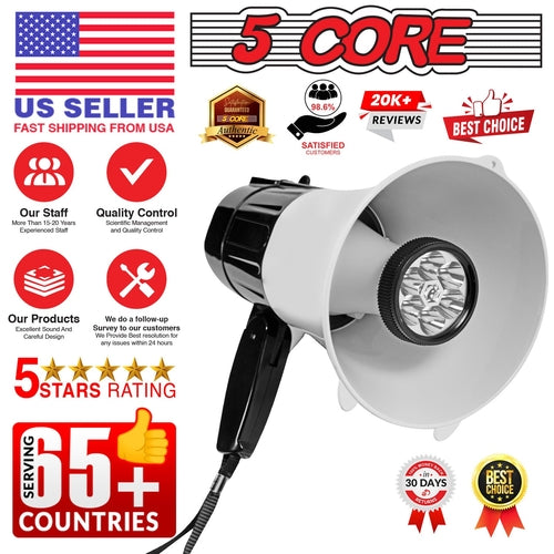 5Core Megaphone Bullhorn Speaker 30W LED Bull Horn Battery Power Cheer