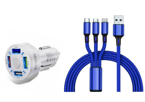 4 Port LED Car Charger + 3 in 1 Cable Combo Blue