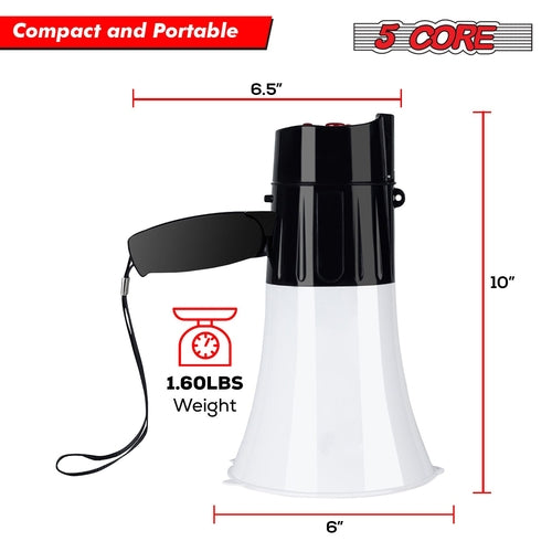 5Core Megaphone Bullhorn Speaker 30W LED Bull Horn Battery Power Cheer