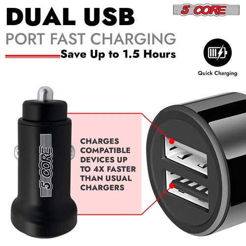 5 Core Fast Car Charger Pair Quick Charging Phone USB Adapter 2 Port