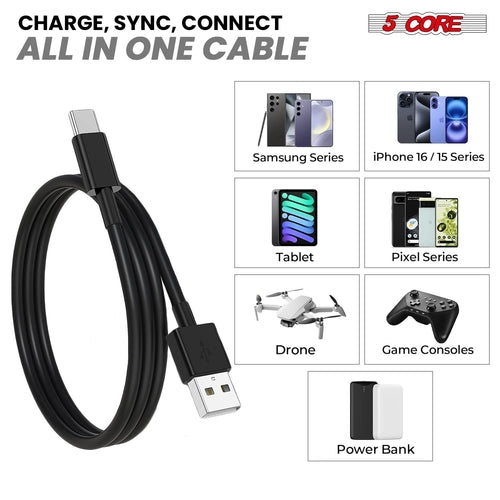 5Core USB to USB C Cable 5PCS 65W Fast Charging w Data Transfer