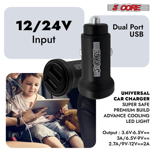 5 Core Fast Car Charger Pair Quick Charging Phone USB Adapter 2 Port