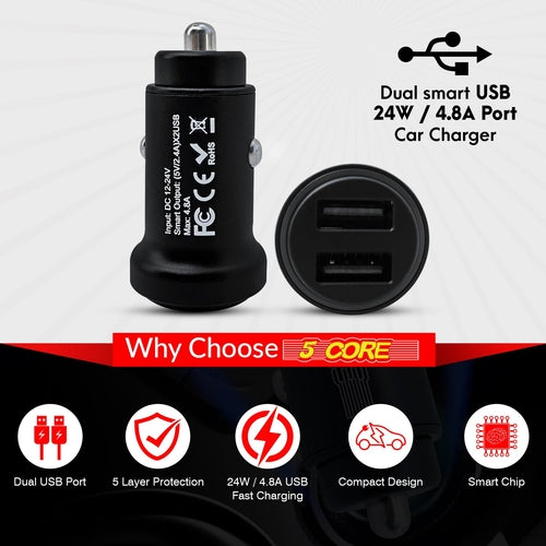 5 Core Fast Car Charger Pair Quick Charging Phone USB Adapter 2 Port