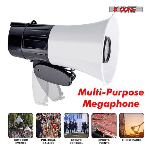 5Core Megaphone Bullhorn Speaker 30W LED Bull Horn Battery Power Cheer