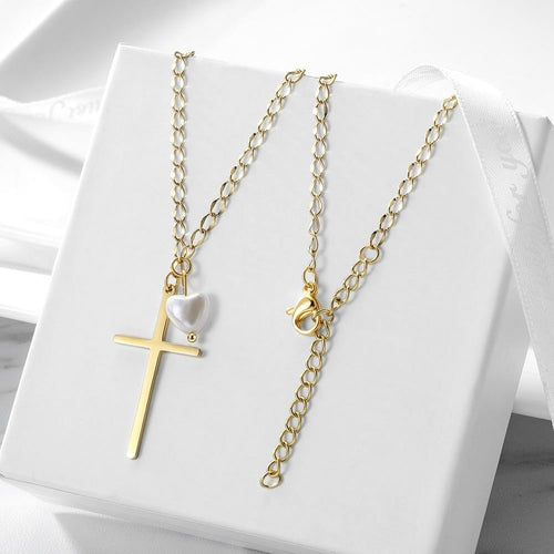 Cross with Love-shaped Pearl Pendant Necklace