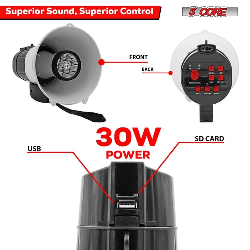 5Core Megaphone Bullhorn Speaker 30W LED Bull Horn Battery Power Cheer