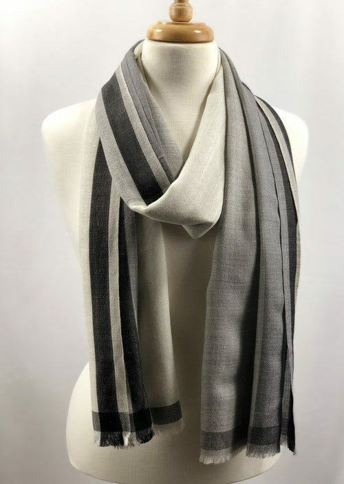 Black and White Ombre Herringbone Wool and Silk Scarf