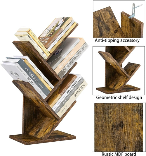 Rustic Brown 4 Tier Tree Bookshelf Free Standing Living Room