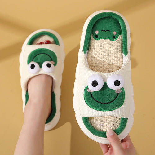 Cute Cartoon Cow Frog Slippers Linen Non-slip Shoes Indoor Garden Home