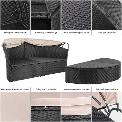 Outdoor Round Daybed Canopy, Wicker, Patio Sectional Sofa