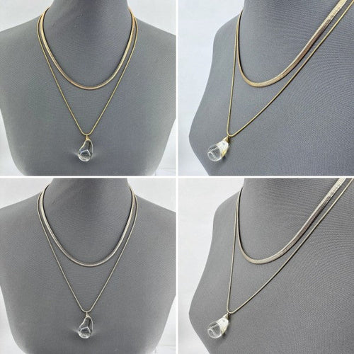 Double Layer Necklace with Clear Teardrop Pendant