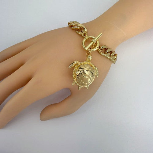 Gold Finish Cuban Link Chain Bracelet Turtle Charm