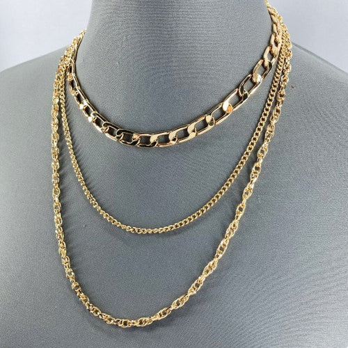 Multi Layered Gold Finish Necklace With Cuban Link