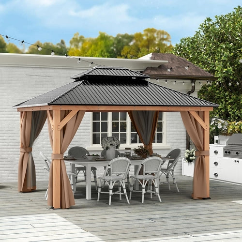 11X13 Wood Gazebo, Outdoor Hardtop Gazebo with Netting and Curtains,