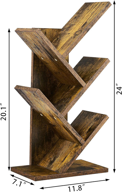 Rustic Brown 4 Tier Tree Bookshelf Free Standing Living Room