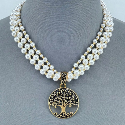 Gold Finish Multi Layer Pearl Necklace Tree of Lif