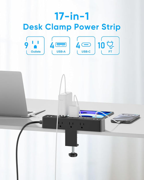 17-In-1 Desk Clamp Power Strip with 40W Fast Charging Station,  10Ft