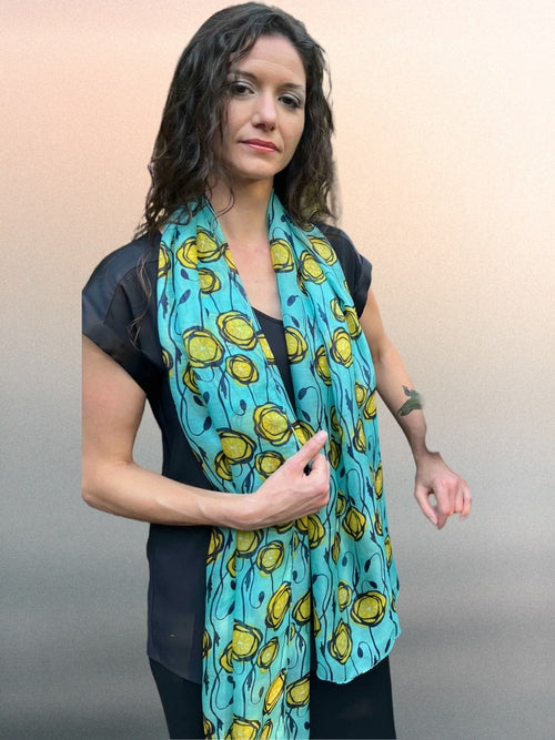 Sage and Yellow Tulip Silk Scarf