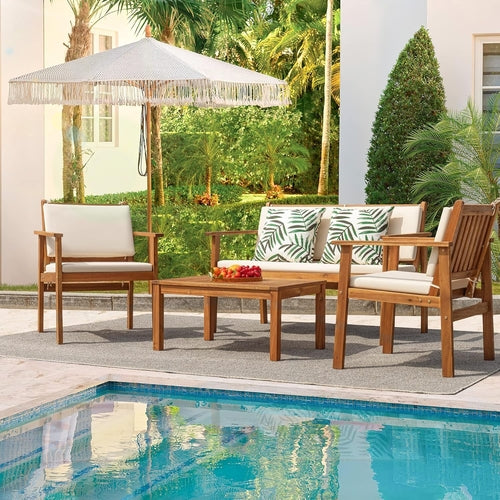 Acacia Wood 4 Piece Patio Conversation Set With Cushions