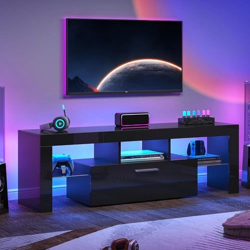 Black LED TV Stand with Large Storage Drawer for 32 40 50 55 Inch Tvs,