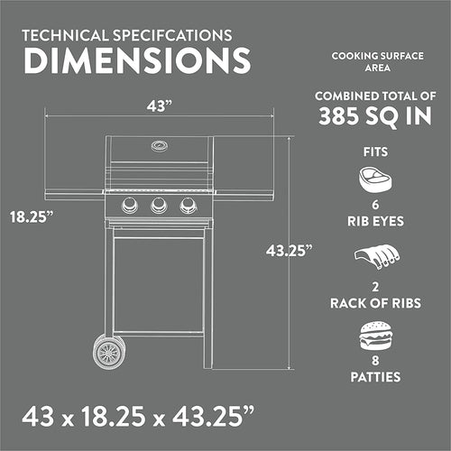 Stainless Gas Grill 3-Burner, Cabinet, Wheels, Outdoor BBQ