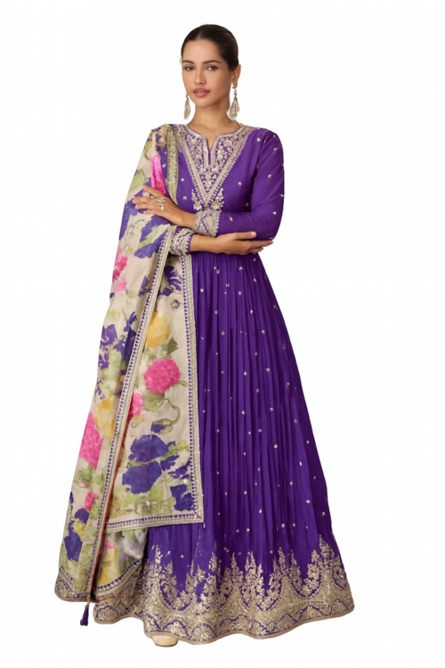 Embroidered Designer Gown for Women-Purple (Size-XL) | D82