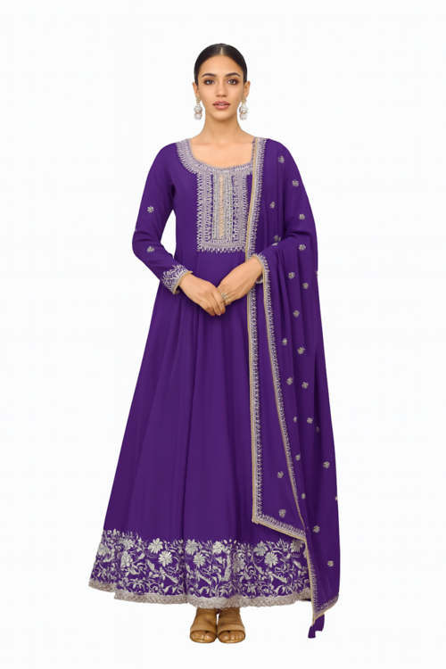 Embroidered Designer Gown for Women-Purple (Size-L) | D133