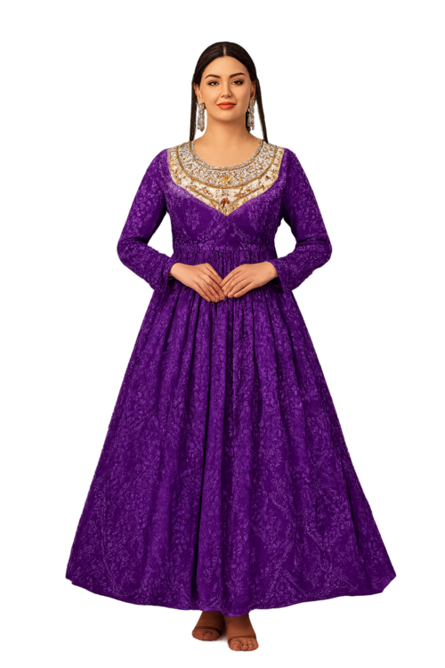 Embroidered Designer Gown for Women-Purple (Size-2XL) | D72