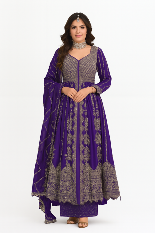 Embroidered Designer Gown for Women-Purple (Size-4XL) | D18