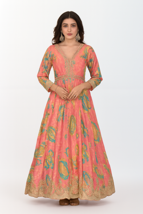 Embroidered Designer Gown for Women-Pink (Size-5XL) | D07
