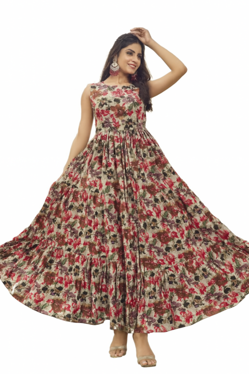 Embroidered Designer Gown for Women-Beige (Size-2XL) | D32