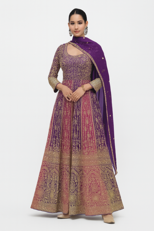Embroidered Designer Gown for Women-Purple (Size-3XL) | D34