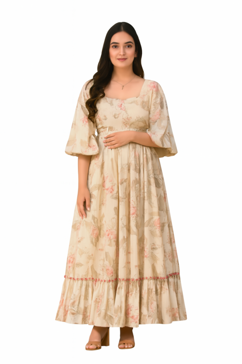 Embroidered Designer Gown for Women-Beige (Size-4XL) | D147