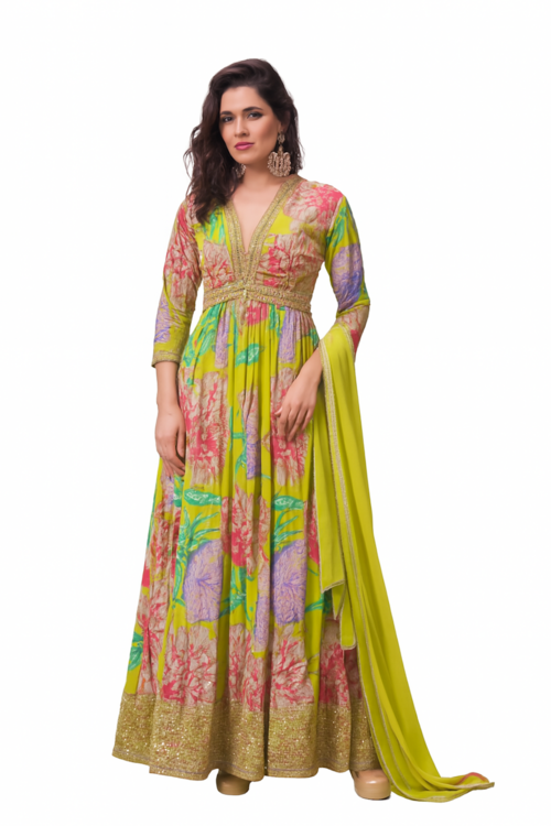 Embroidered Designer Gown for Women-Light Green (Size-XL) | D06