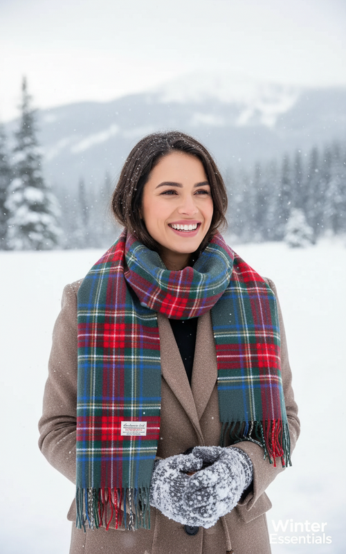 Cashmere Feel Plaid Scarf - Grey & Red Tartan with Tassel Fringe -