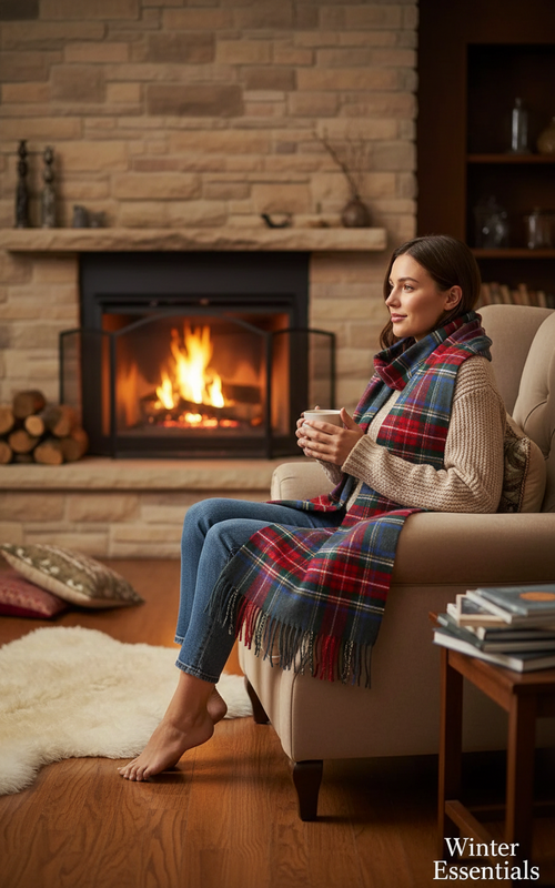 Cashmere Feel Plaid Scarf - Grey & Red Tartan with Tassel Fringe -