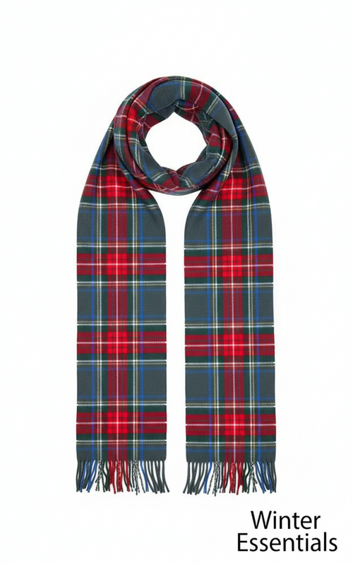 Cashmere Feel Plaid Scarf - Grey & Red Tartan with Tassel Fringe -