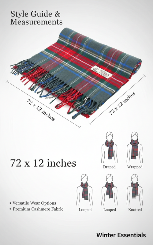 Cashmere Feel Plaid Scarf - Grey & Red Tartan with Tassel Fringe -