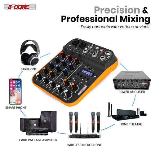 5 Core Audio Mixer 4 Channel DJ Equipment with Bluetooth USB Sound