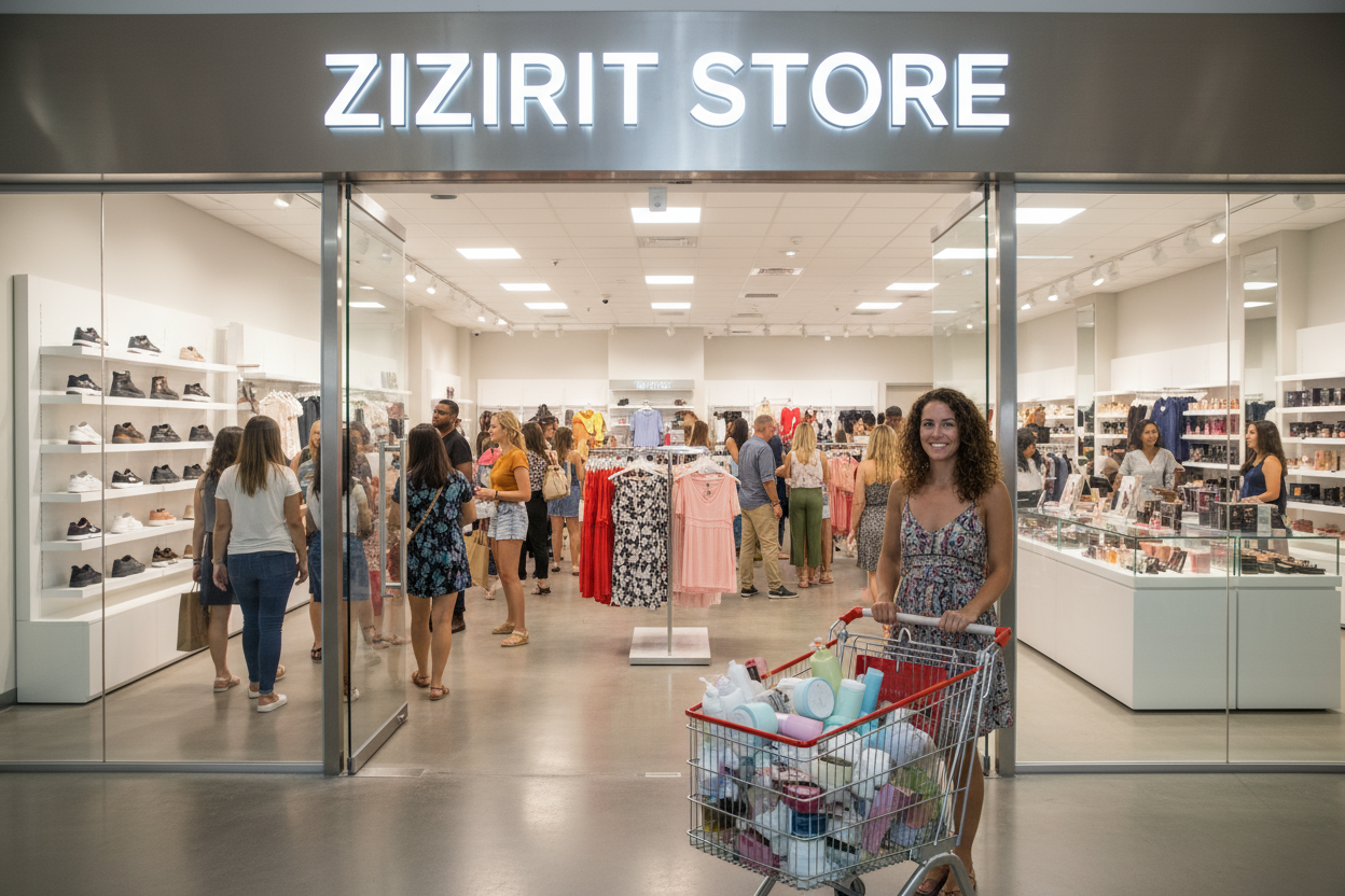 Put the name" ZIZIRIT STORE" and add someone in the front with cart full hair and beauty products