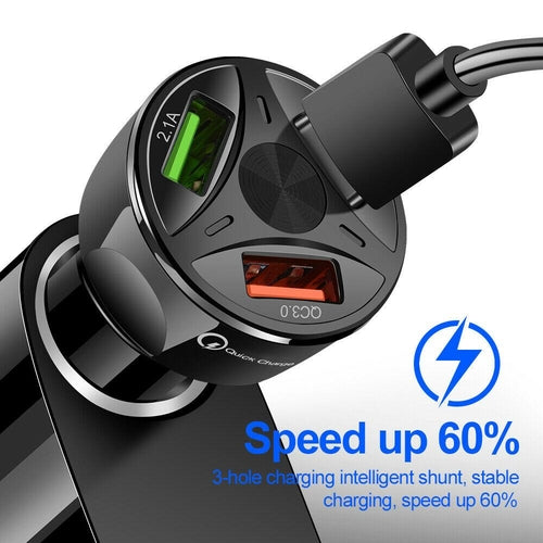 3 Port Fast LED White Car Charger + 3 in 1 Cable Combo Black