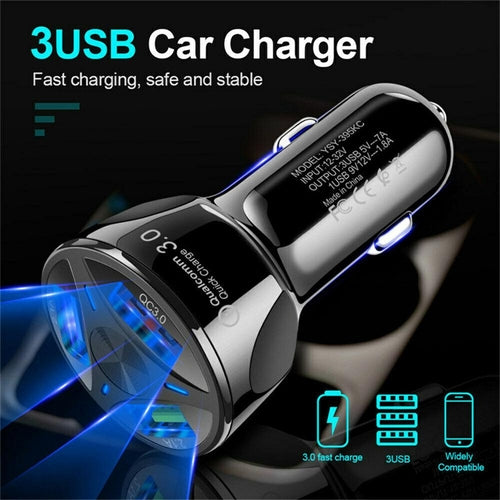 4 Port LED Car Charger + 3 in 1 Cable Combo Blue