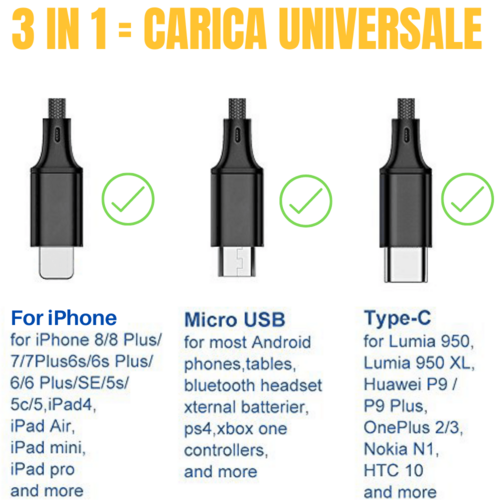 3-in-1 Nylon Braided 4FT 3A Charging Cable (8Pin, Type-C, Micro USB)